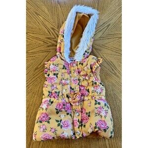 Little Lass Girl’s Hooded Vest Size 2T Yellow with Pink Flowers Floral Faux Fur